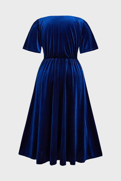 Luxurious A-Line V-Neck Short-Sleeve Solid-Back Midi-Length Plus Size Mother Of Bride Dress
