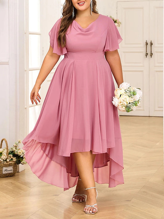 Graceful Plus Size A‑Line Cowl‑Neck Flutter‑Sleeve Smocked‑Back Hi‑Lo Mother Of Bride Dress