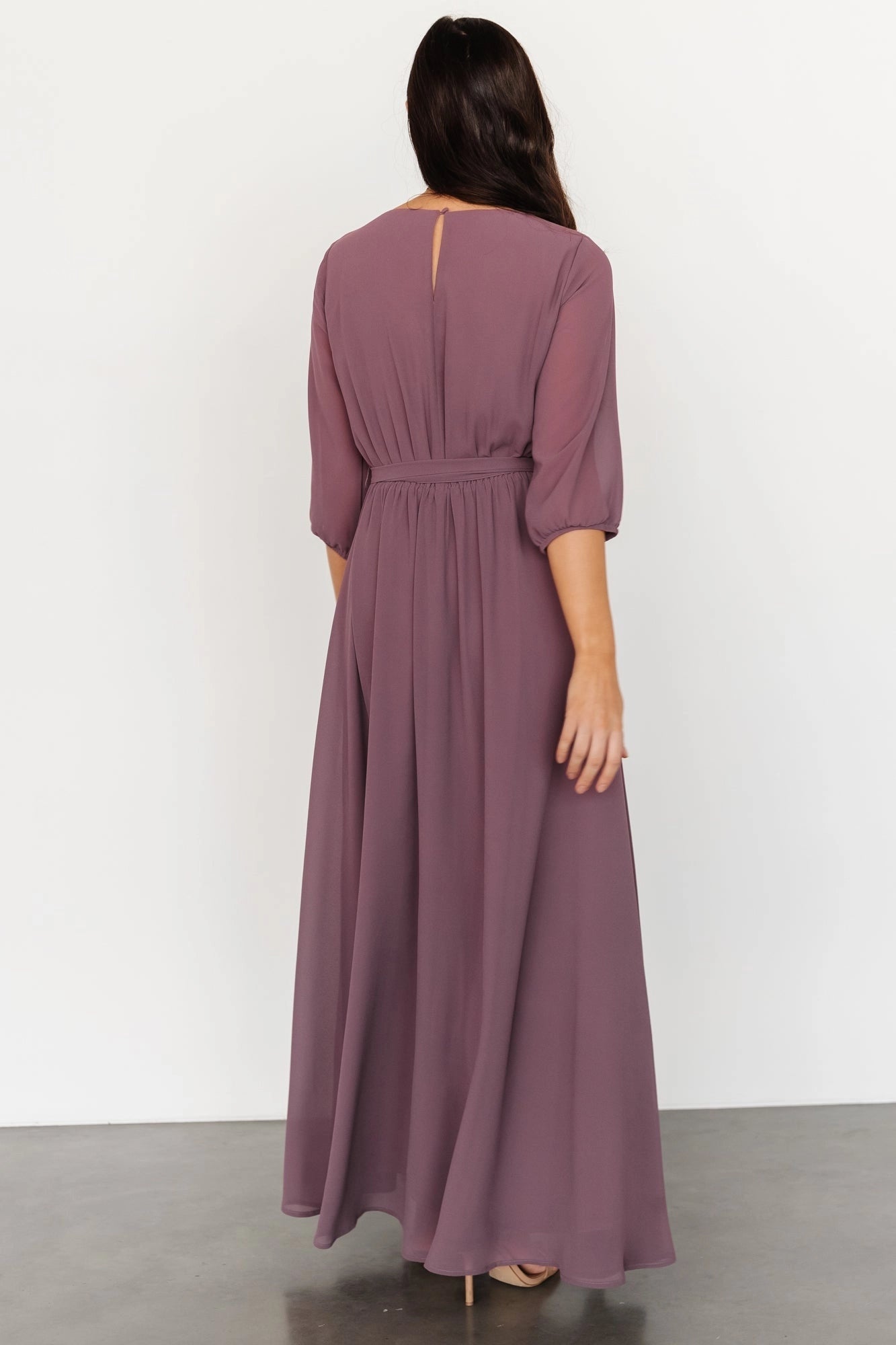 back view roselledress mauve chiffon formal dress keyhole back 3/4 sleeve wedding maxi dress