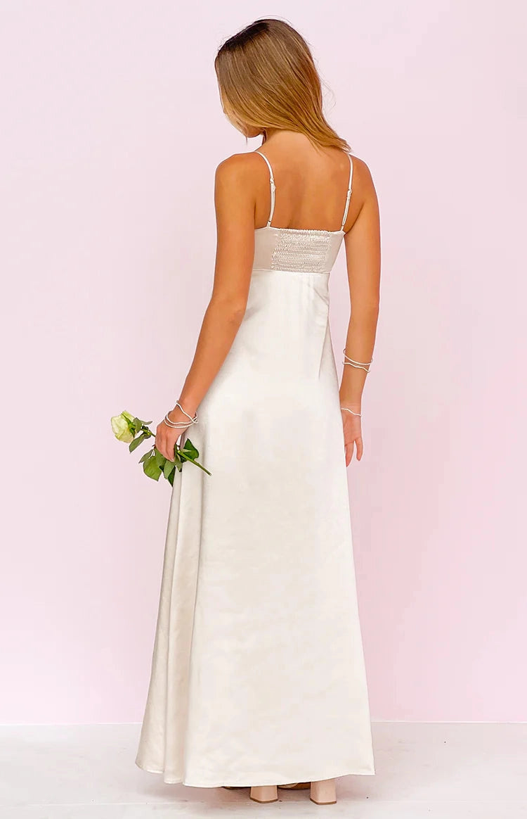 RoselleDress smocked stretch open back ivory satin maxi gown adjustable spaghetti straps back view