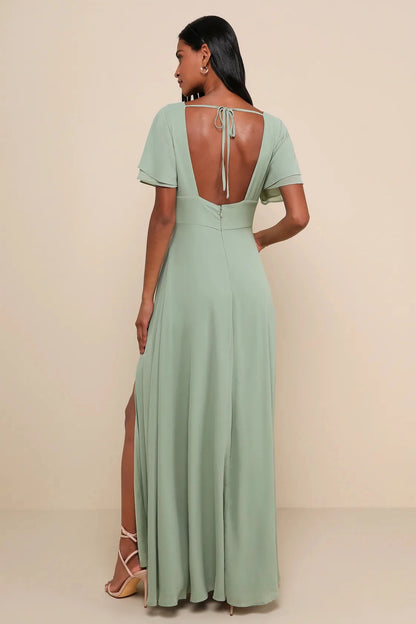 Sage Green A-Line Deep V Flutter Sleeve Tie Back Prom Dress