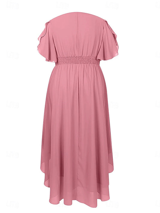 Graceful Plus Size A‑Line Cowl‑Neck Flutter‑Sleeve Smocked‑Back Hi‑Lo Mother Of Bride Dress