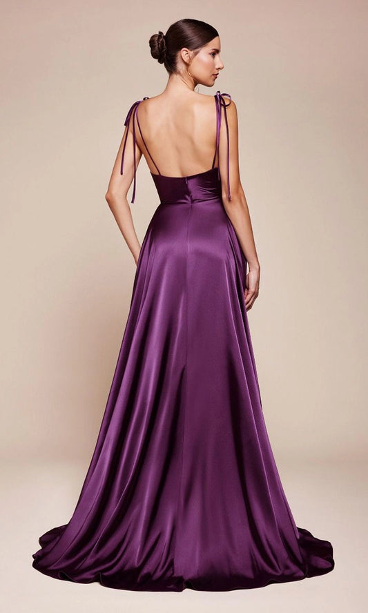 roselledress violet a-line maxi formal gown seamless plain low open back vertical invisible zipper tie strap satin wedding guest dress back view