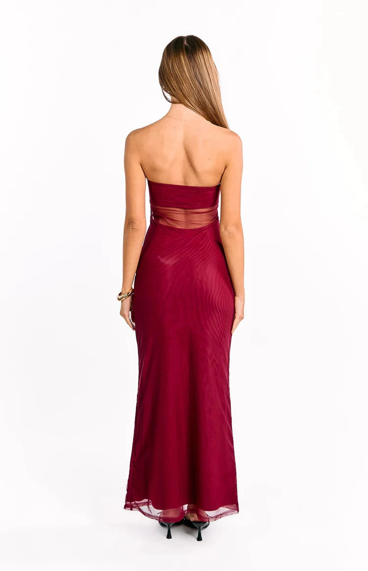 RoselleDress wine red tube top sheer back fitted mesh long evening party gown
