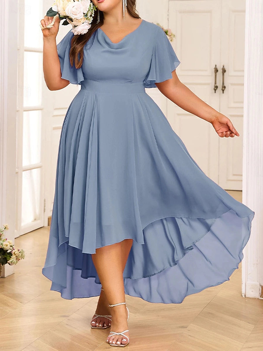 Graceful Plus Size A‑Line Cowl‑Neck Flutter‑Sleeve Smocked‑Back Hi‑Lo Mother Of Bride Dress