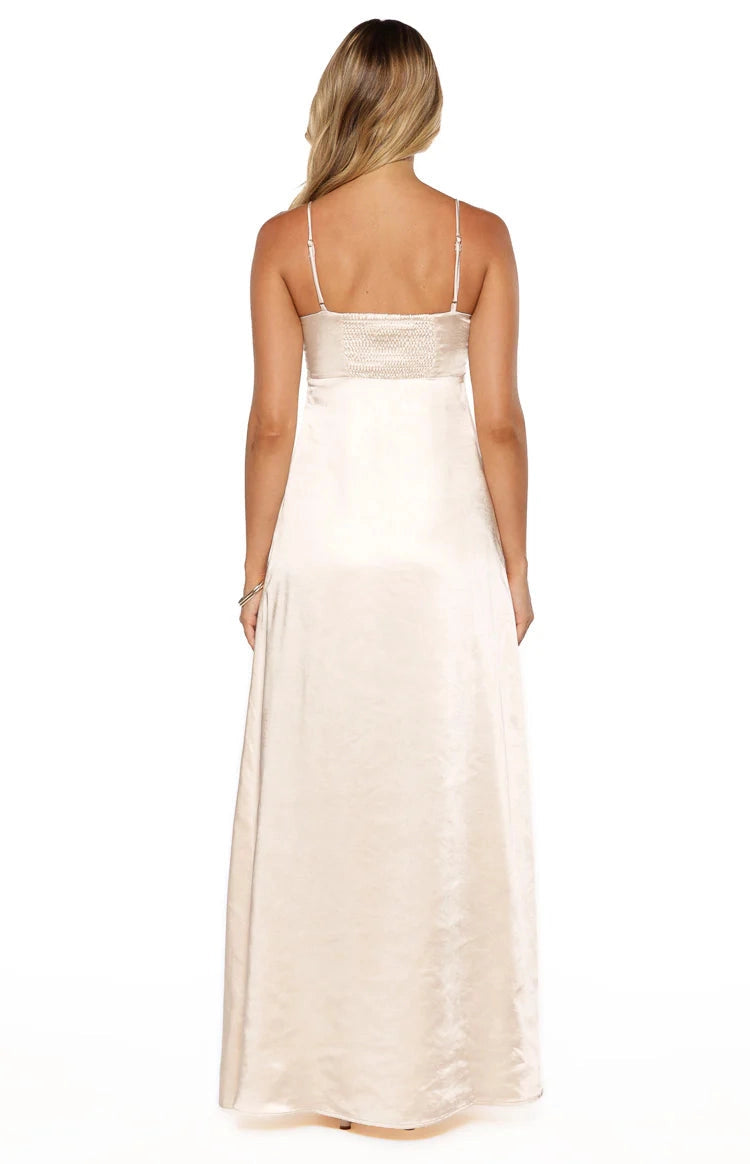 Ivory A-Line Square Neck Spaghetti Smocked Back Long Prom Dress