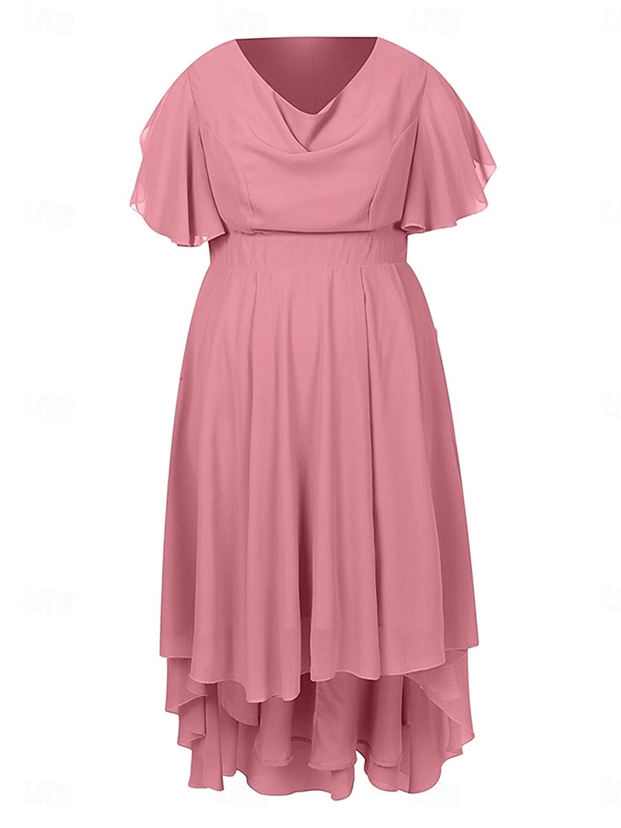 Graceful Plus Size A‑Line Cowl‑Neck Flutter‑Sleeve Smocked‑Back Hi‑Lo Mother Of Bride Dress