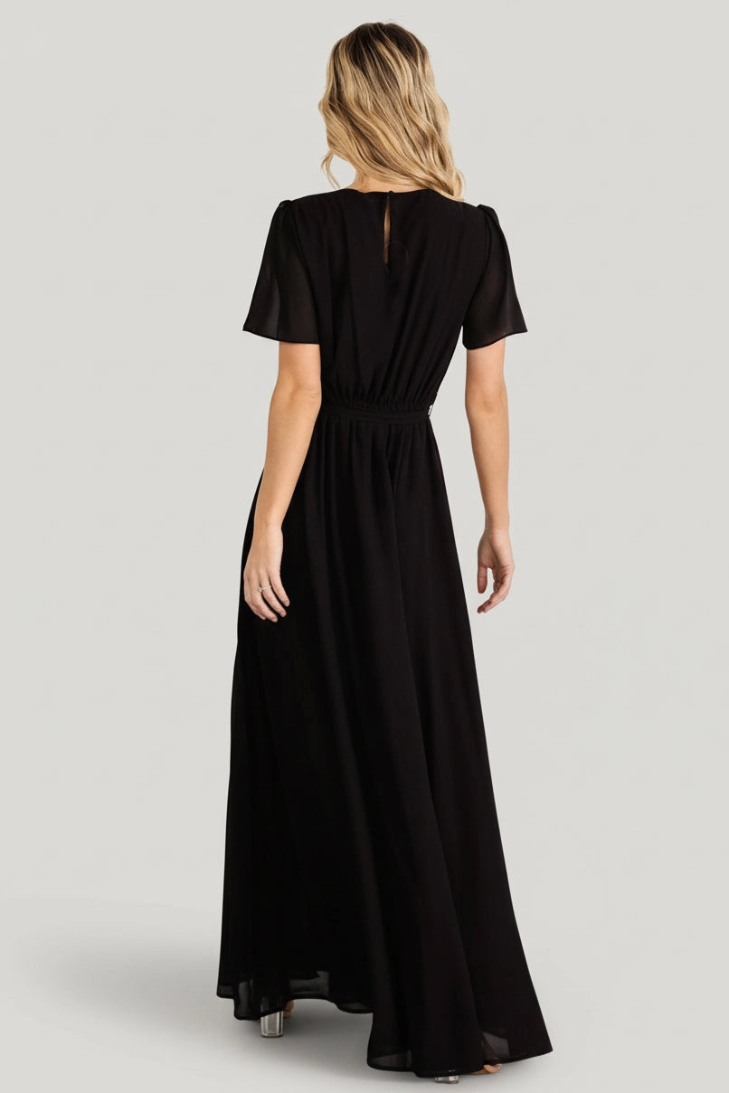 Roselledress solid black long gown keyhole back zipper chiffon rear view