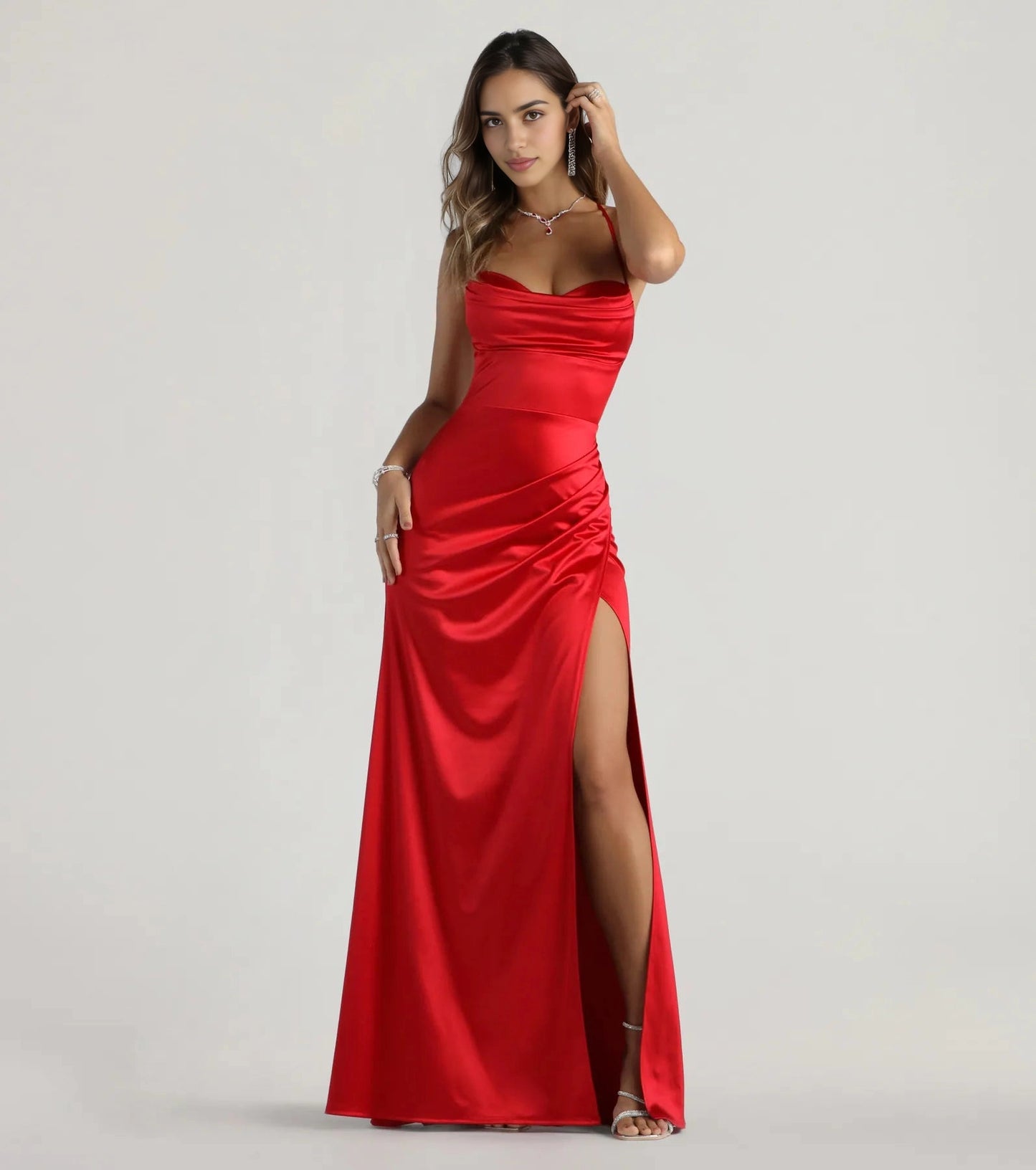 Slim Maxi Spaghetti Lace-Up Back Ruched Long Prom Dress