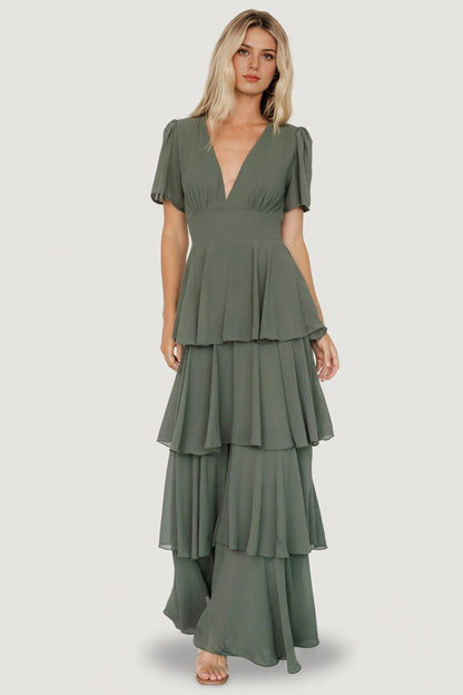 roselledress sage green chiffon bridesmaid maxi dress v neck short sleeve tiered ruffle formal gown