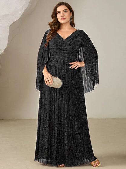 Roselledress Burgundy A Line V Neck Cape Sleeve Cutout Back Maxi Plus Size Wedding Guest Dress