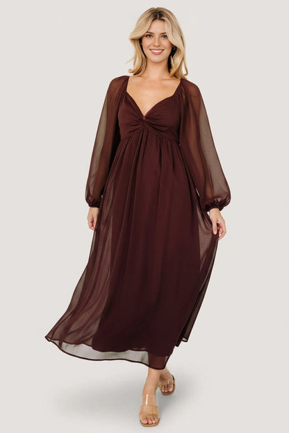 Flowy Midi V-Neck Twist Long Sleeve Smocked-Back Mother Of Bride Dress