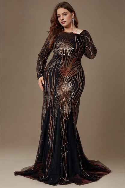 Glam Plus Size Mermaid Round-Neck Long-Sleeve V-Back Train-Length Mother Of Bride Dress