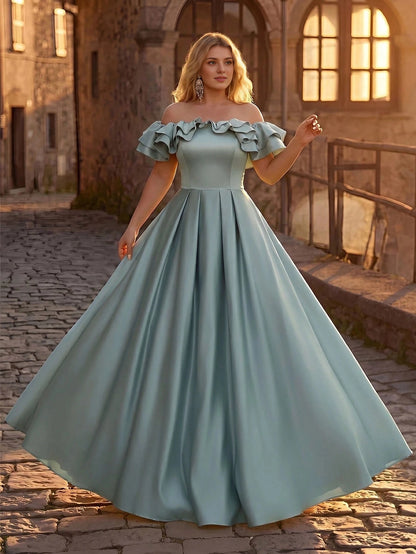 Plus Size Yellow A‑Line Off‑The‑Shoulder Ruffle‑Sleeve Corset‑Back Floor‑Length Prom Dress