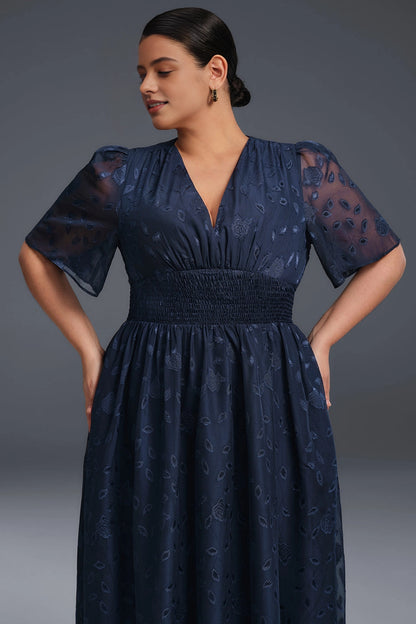 A-line Midi V-Neck Flutter-Sleeve Zip-Back Midi plus size Mother Of Bride Dress