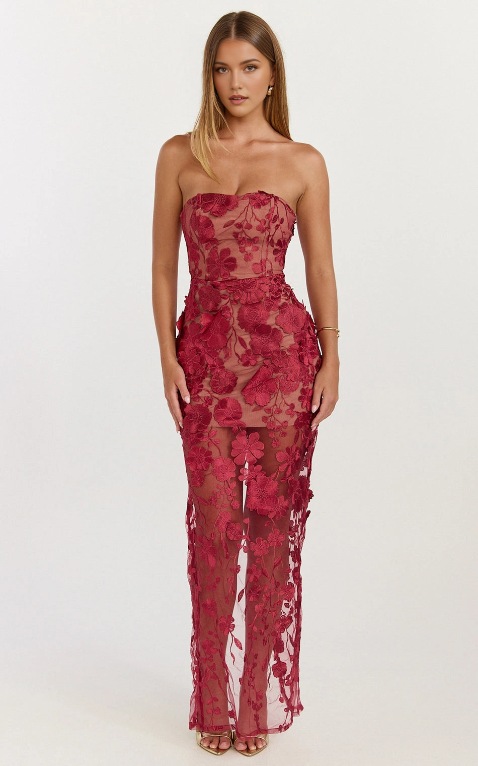 Mermaid Strapless Back Zipper 3D Floral Mesh Plus Size Wedding Guest Dress