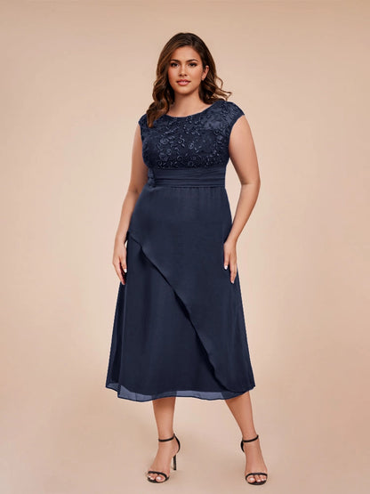 Charming A‑Line Bateau Neck Cap Sleeve V‑Back Midi Length Formal Plus Size Mother Of The Bride Dress