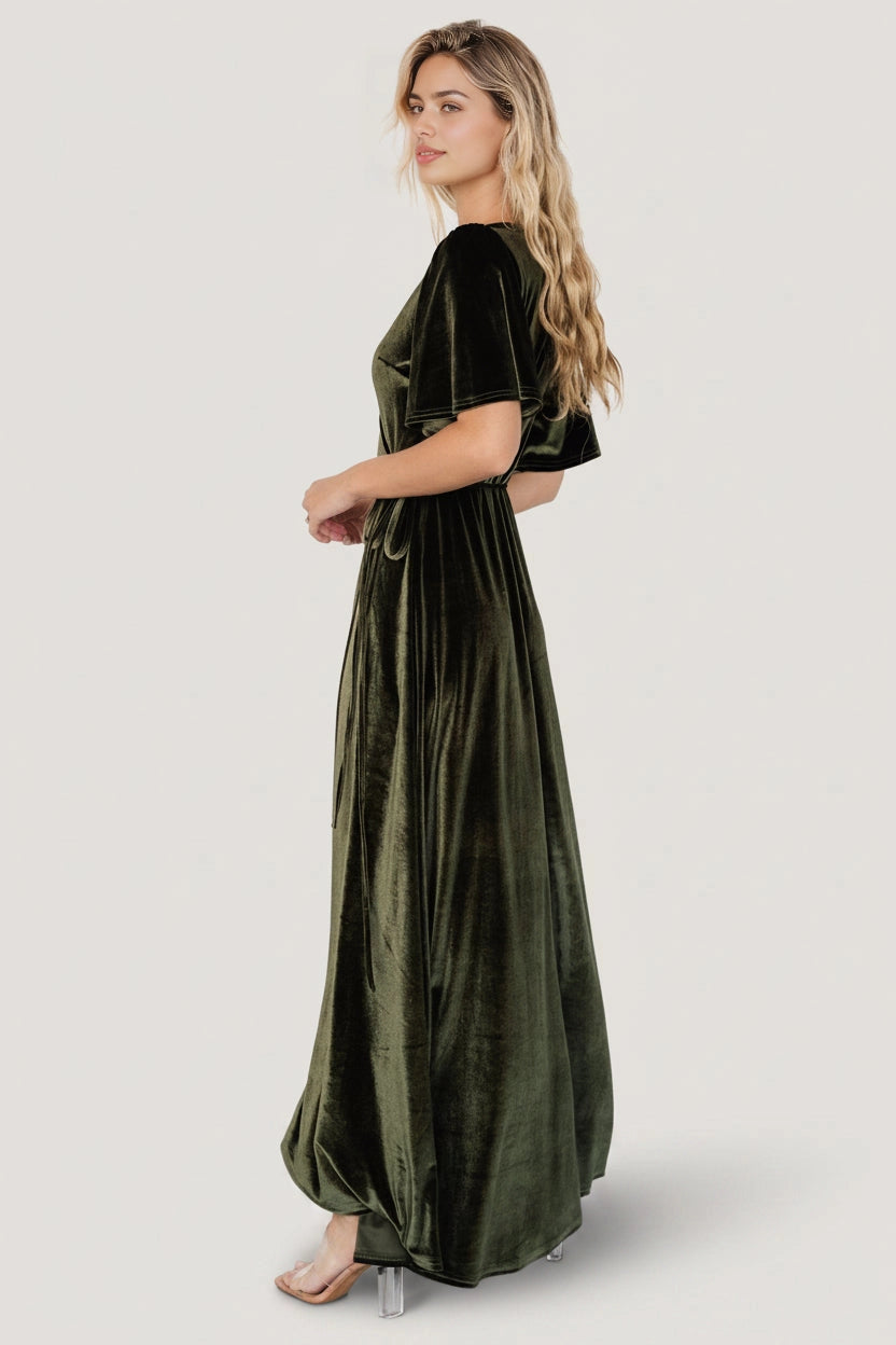Soft A‑line V‑Neck Flutter Sleeve Closed‑Back Maxi Mother Of Bride Dress