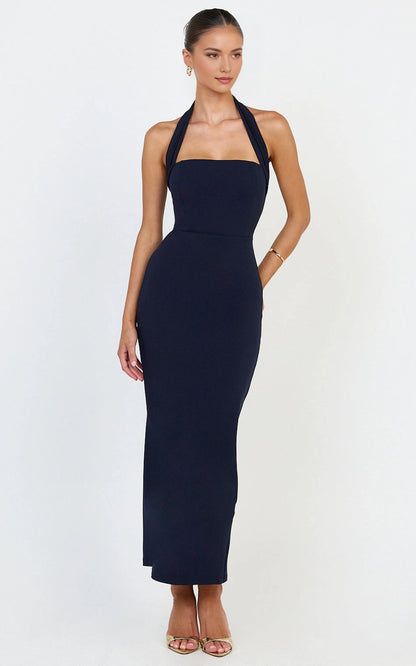 Elegant Sheath Halter Plunge Open Back Zipper Back Plus Size Slit Midi Wedding Guest Dress