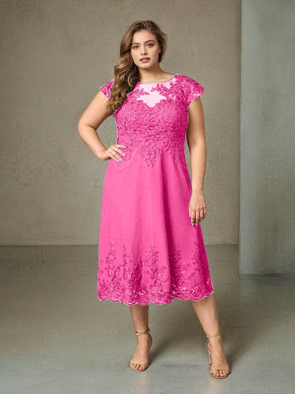 Charming A‑Line Illusion Neck Cap Sleeve V‑Back Midi Length Plus Size Mother Of The Bride Dress
