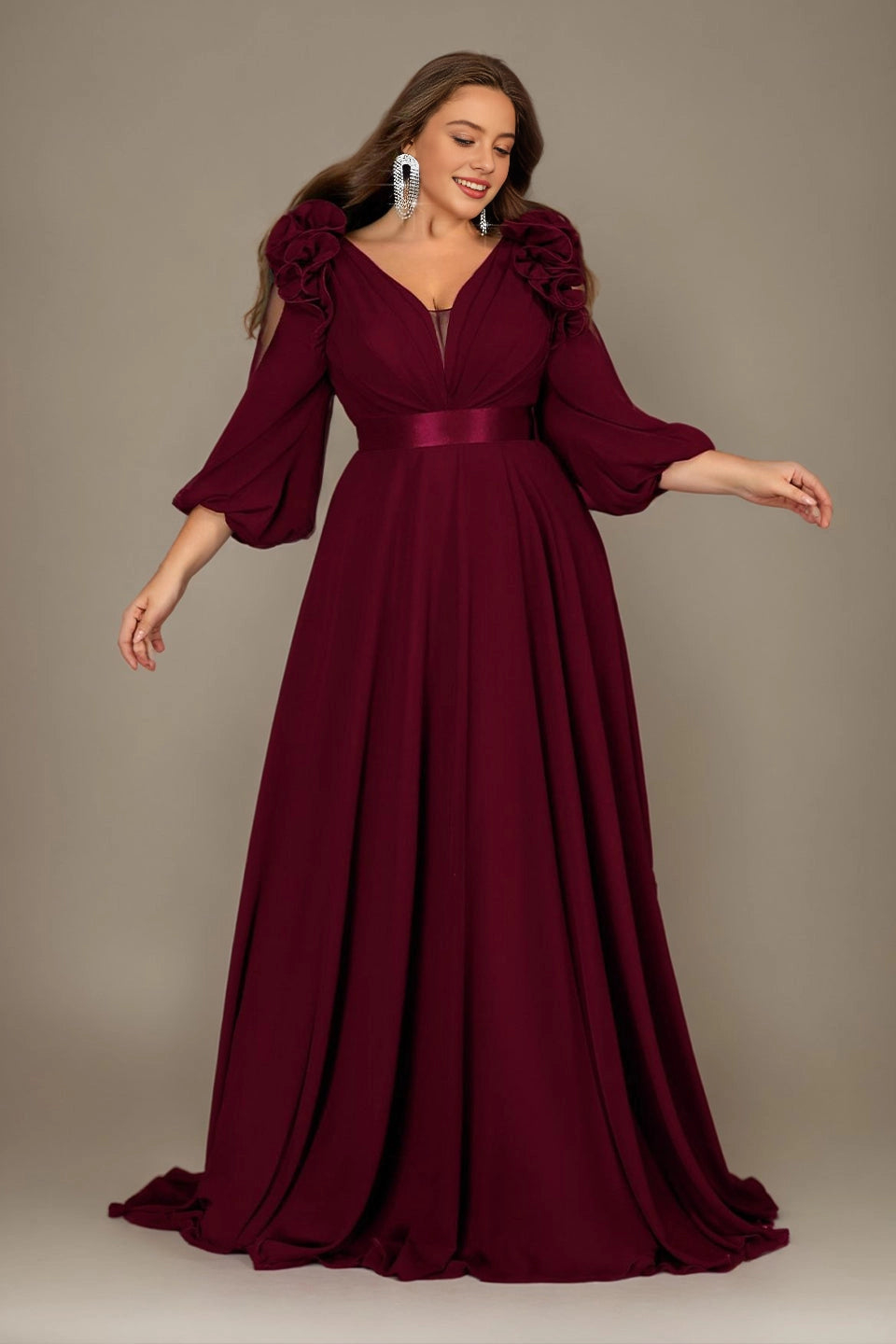 Flowy A-Line Deep V Split-Sleeve Zipper-Back Floor-Length Plus Size Burgundy Mother Of Bride Dress