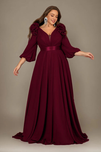 Flowy A-Line Deep V Split-Sleeve Zipper-Back Floor-Length Plus Size Burgundy Mother Of Bride Dress