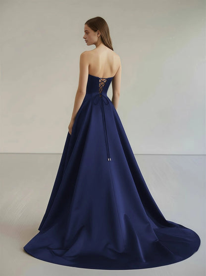 Roselledress Structured Satin Aline Strapless Floral Corset LaceUpBack Train Plus Size Prom Dress