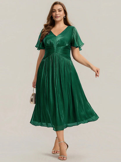 Sage Shimmer Chiffon Flutter Sleeve Midi Plus Size Wedding Guest Dress