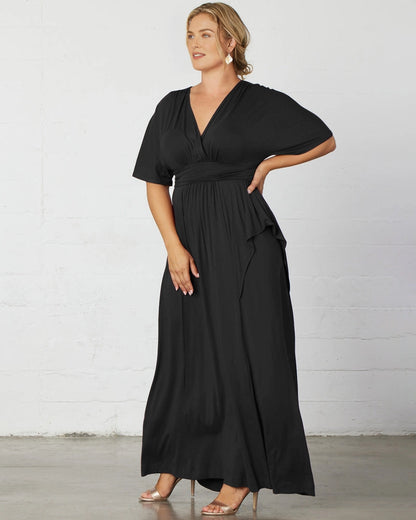Elegant Plus Size A-Line V-Neck Flutter Sleeve Closed Back Long Mother of the Bride Dress