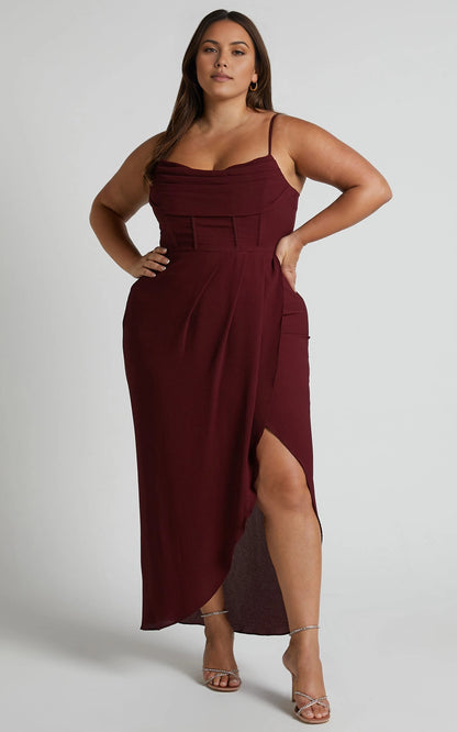 Glamorous A‑Line Cowl Neck Spaghetti Strap Open Back Slit Maxi Length Plus Size Prom Dress