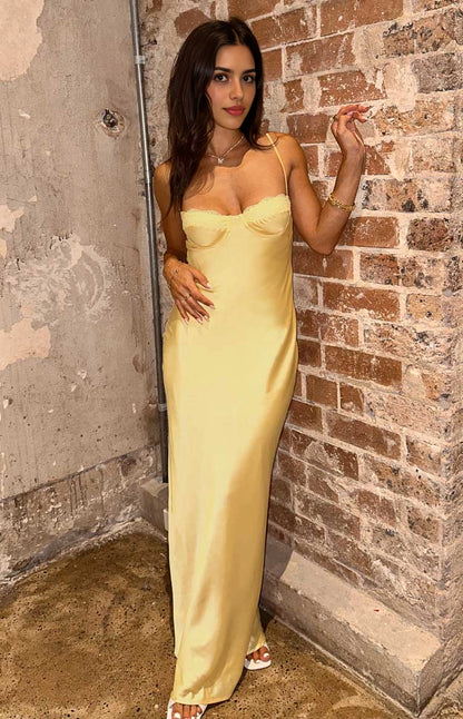 Lemon Yellow Slip Sweetheart Spaghetti Strap Open Back Long Prom Dress