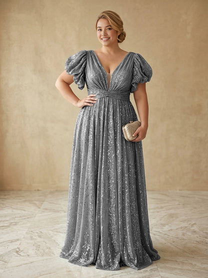 Glamorous A-Line Deep V Puff Sleeve V-Back Floor Length Plus Size Prom Dress