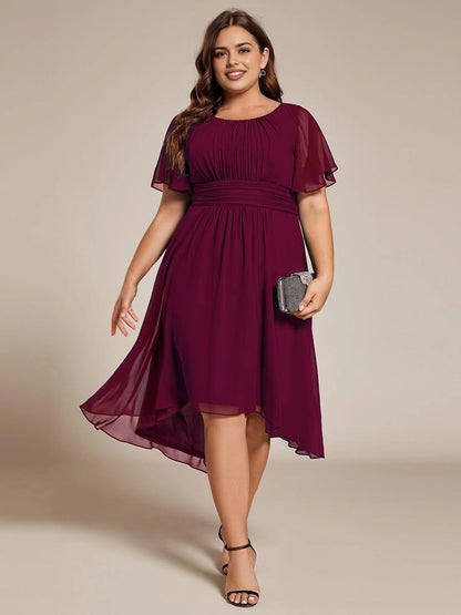 Roselledress burgundy chiffon shirred waist high-low plus size midi dress front view