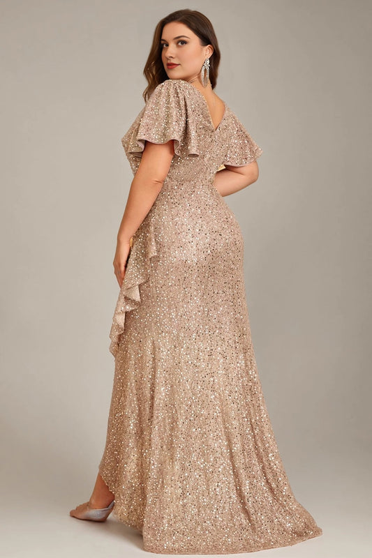Plus size rose gold sequin evening dress with V-back, short sleeves and fitted long skirt
