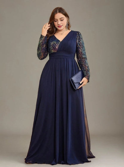 Elegant A-Line V-Neck Long-Sleeve Zip-Back Floor-Length Plus Size Mother Of Bride Dress