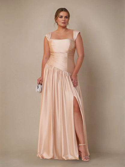 Roselledress champagne plus size bridesmaid dress convertible square neck satin maxi gown front view