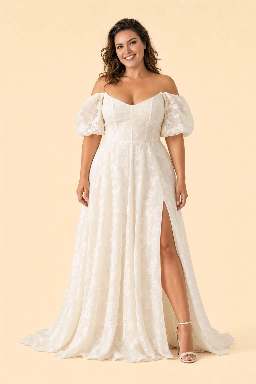Roselledress white lace plus size wedding dress front view, off shoulder puff sleeve v-neck high slit a-line bridal gown with train