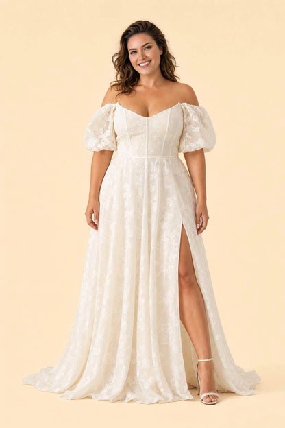 Roselledress white lace plus size wedding dress front view, off shoulder puff sleeve v-neck high slit a-line bridal gown with train
