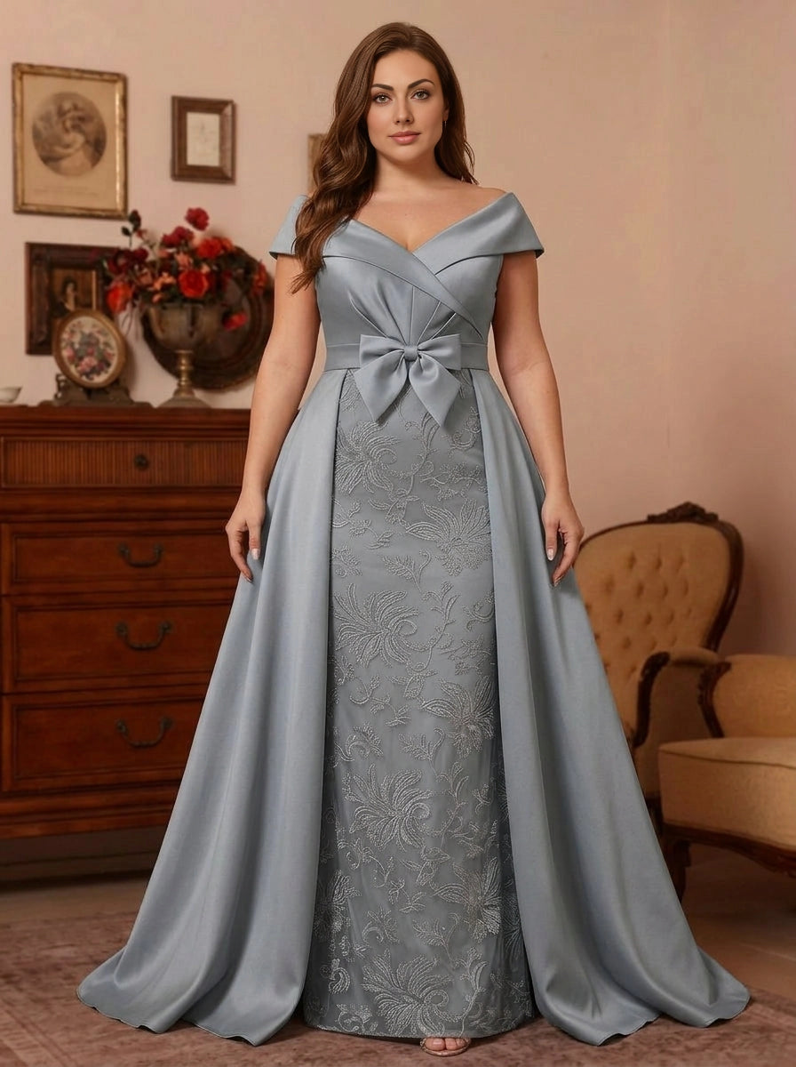 Roselledress dusty blue off shoulder plus size mother of bride gown with bow sash and lace overlay front view