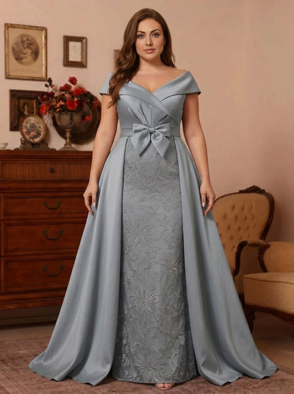 Roselledress dusty blue off shoulder plus size mother of bride gown with bow sash and lace overlay front view