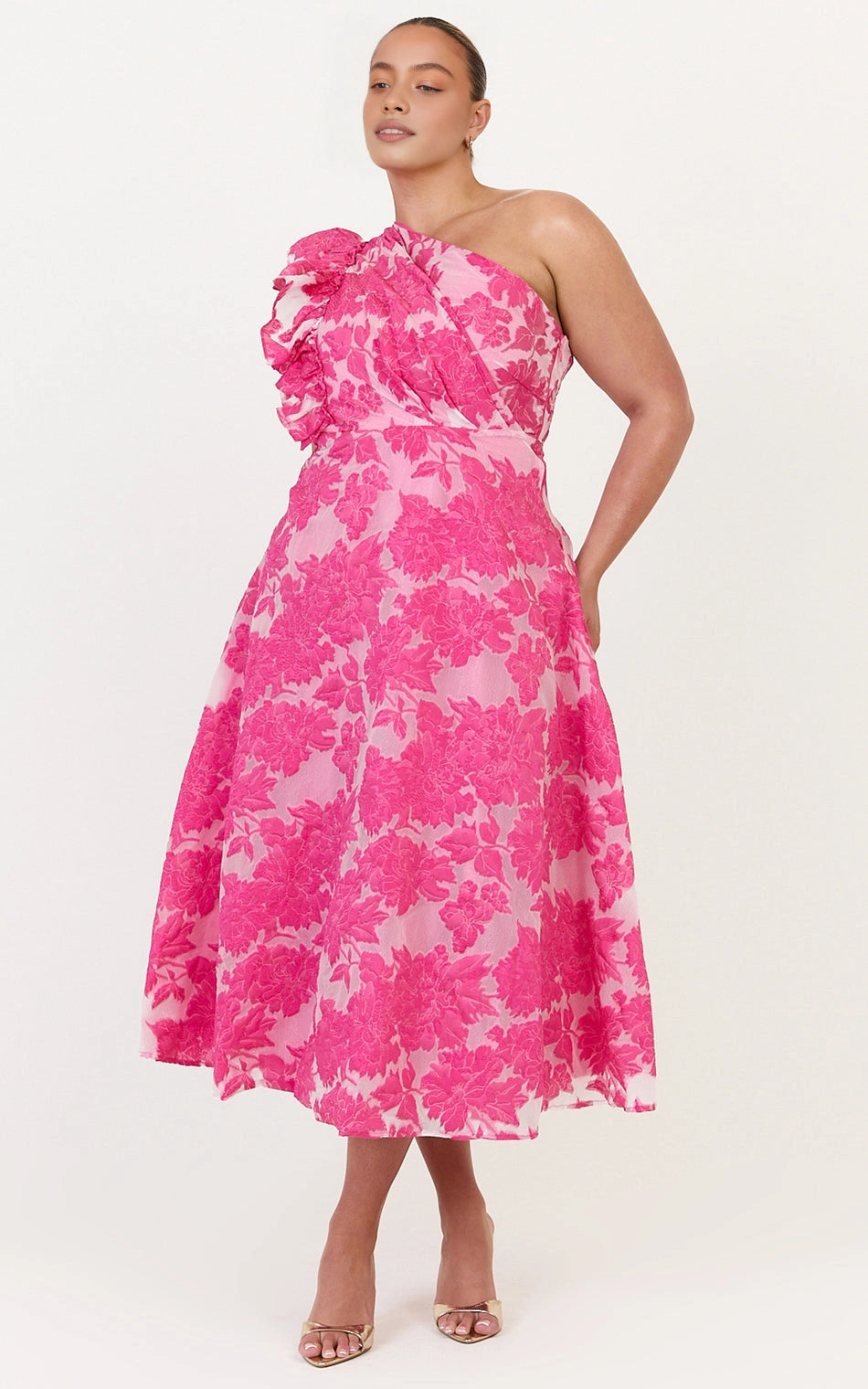 Roselledress pink floral jacquard plus size wedding guest midi dress front view, one shoulder ruffle A line formal dress