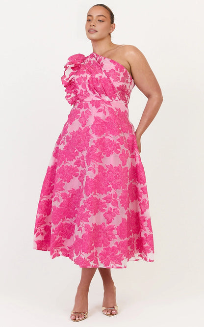 Roselledress pink floral jacquard plus size wedding guest midi dress front view, one shoulder ruffle A line formal dress