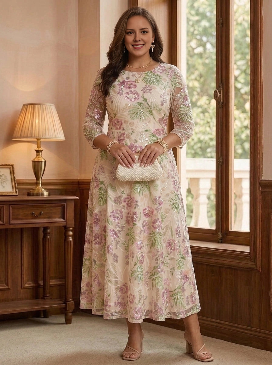 Roselledress floral sequin plus size wedding guest midi dress front view