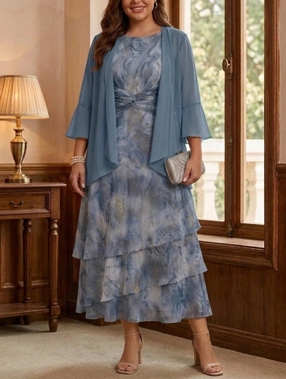 Roselledress blue marble print plus size mother of bride midi dress with chiffon jacket front view