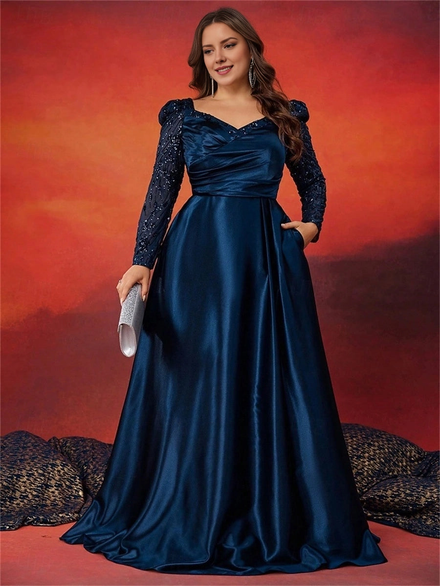 Roselledress navy blue plus size a-line satin prom dress v-neck long sleeve sequin bodice with side pockets front view
