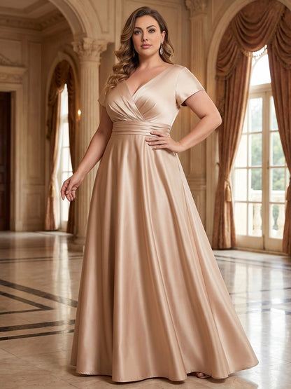 Roselledress champagne plus size a-line satin gown wrap v neck short sleeves ruched waist front view