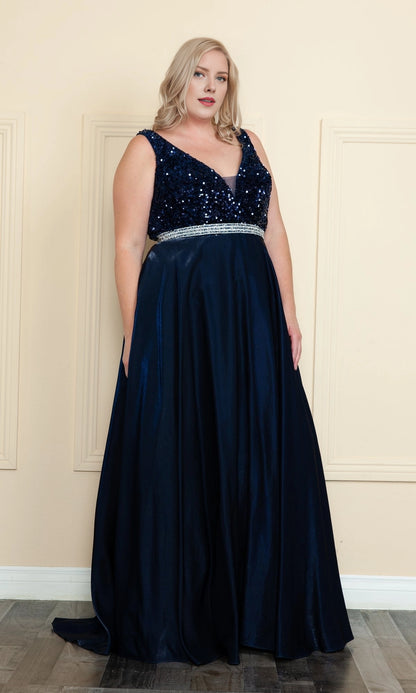 Roselledress navy blue plus size a-line prom dress v-neck sleeveless sequin bodice rhinestone waistband with side pockets front view