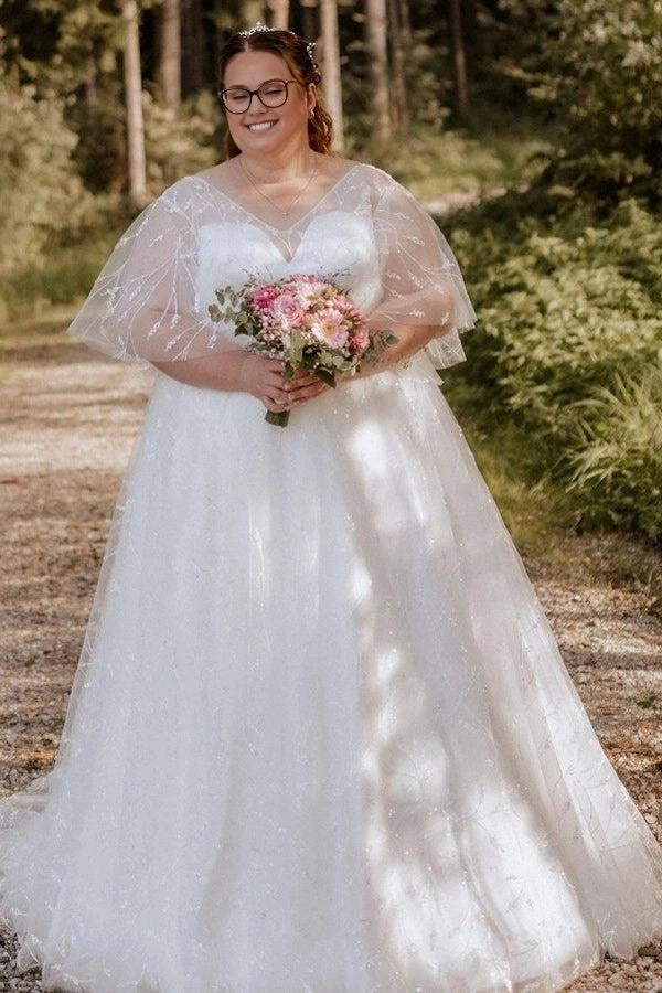 Roselledress white plus size wedding dress v neck embroidered tulle bridal gown front view