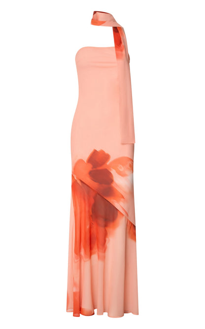 Midi Halter Open Back Floral Print Chiffon Plus Size Wedding Guest Midi Dress