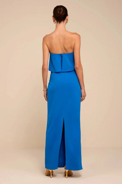 roselledress bold blue sleek formal gown seamless full plain low strapless open back vertical invisible zipper rear center back slit crepe black tie party dress full back view